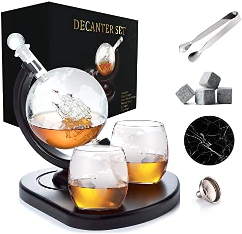 Whiskey Decanter Globe Set with 2 Etched Globe Whisky Glasses - Included - Whiskey Stones, Ice Tong, Coasters - Gifts For Men Dad - Liquor, Bourbon, Scotch, Vodka with a Wood Stand - 850ml