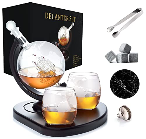 Whiskey Decanter Globe Set With 2 Etched Globe Whisky Glasses - Included - Whiskey Stones, Ice Tong, Coasters - Gifts For Men Dad - Liquor, Bourbon, Scotch, Vodka With A Wood Stand - 850Ml #TOP2