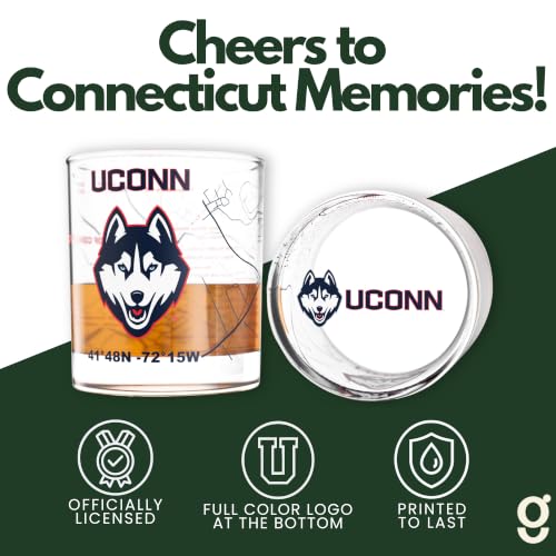 Image of Greenline Goods University of Connecticut Huskies Whiskey Glasses Set of 2, 10 oz Rocks Glasses with Full-Color Logo & Campus Map - Officially Licensed Bourbon Glass Gift for Alumni & Fans