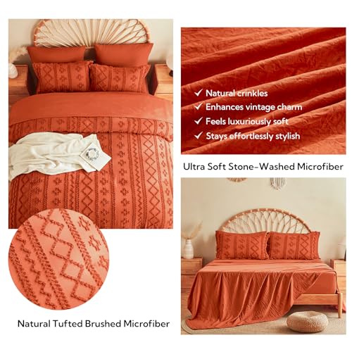 Image of MR&HM Full Size Bed Sheets and Comforter Set Terracotta, 7 Pieces Tufted Boho Beddding Sets, Farmhouse Bed in a Bag with 1 Comforter, 2 Pillow Shams, 2 Pillowcases, 1 Flat Sheet, 1 Fitted Sheet