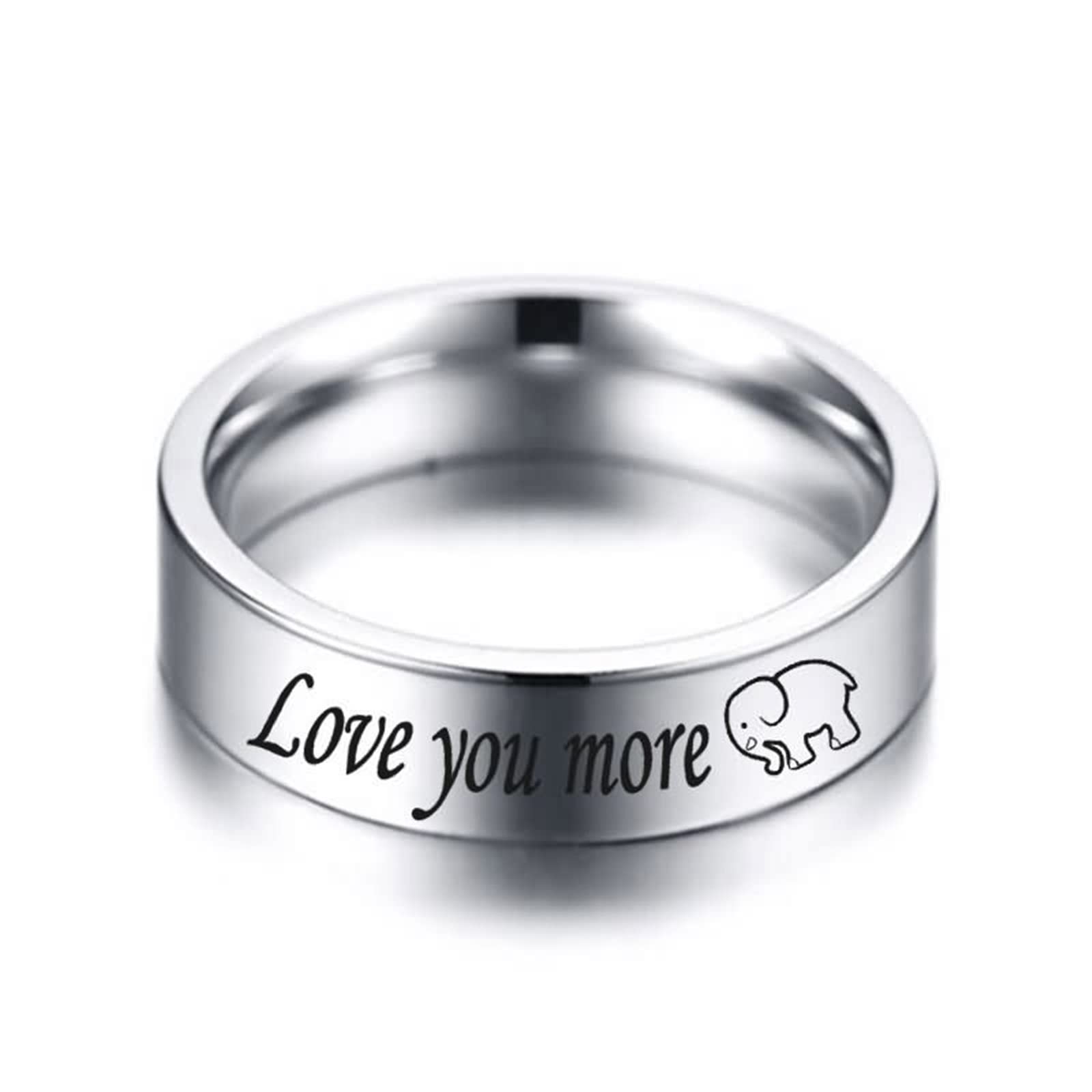 AmDxD Alianza para boda plateada, acero inoxidable, anillo de compromiso con pareja grabada con el elefante Love You Most/More, W54 & M66.5, Acero inoxidable, Sin piedras preciosas