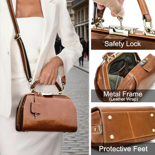 Image of CONTACTS Doctor Bag Purse for Women Luxury Leather Handbag with Lock Shoulder Bag Vintage Top Handle Bag