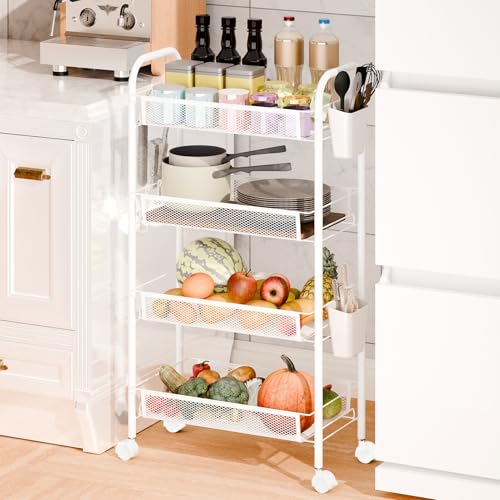 Makamsui Cesta de almacenamiento de frutas y verduras, organizador de malla metálica apilable de 5 niveles con ruedas de 360 grados, carrito de almacenamiento de productos para cocina, despensa