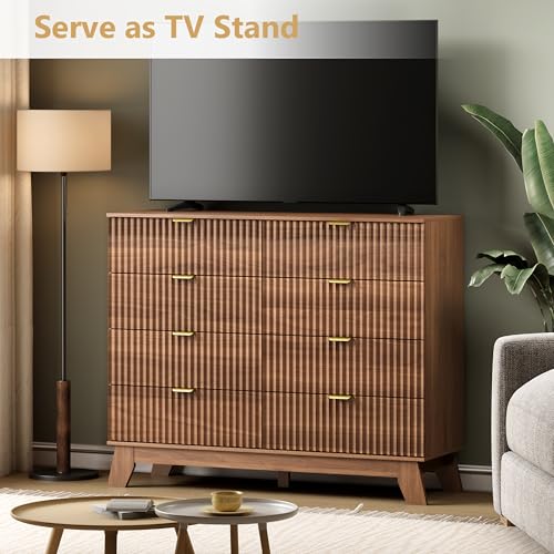 Image of Wodeer 8 Drawer Fluted Dresser for Bedroom, Mid Century Modern Wooden Dresser with 8 Drawers, Dressers & Chests of Drawers with Metal Handle, TV Stand & Storage Organizer for Entryway, Hallway, Walnut