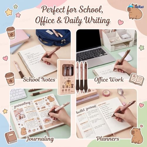Image of FunBlast Capybara Kawaii Gel Pen Set - (Pack of 4) Cute Coffee Theme Pens with Soft Sponge Grip, 0.5mm Smooth Writing Pens for School, Office, Gifts & Stationery Lovers (Blue Ink)