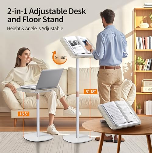 Image of NAMON 2-in-1 Dual-use Floor & Desktop Book Stand, Sturdy Metal & Wood Build, Height Adjustable from 16.5 inch to 51 inch, Floor Reading Stand for Sheet Music, Cookbooks, Projector (White, 10 inch x 15 inch Panel)