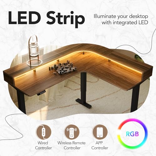Image of HUANUO Electric L Shaped Stadning Desk with LED Strip & Power Outrlets, 63 inch x 55 inch 2-Tier Height Adjustable Sit Stand up Desk with Power Strip Holder, Ergonomic Corner Computer Table, Walnut