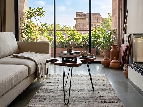 Image of REDWOOD Sheesham Wood Guitar Shape End Table with Iron Hairpin Legs | Modern Metal Accent Side Table for Living Room Bedroom | Unique Coffee Furniture Compact Space Saving Design | Brown