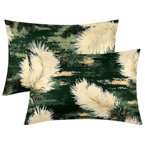Funda Almohada 30x50, 2 Piezas Funda Almohada Saten Planta, Suave como la Seda para el Cabello y la Piel, Transpirable Fundas Almohadas Saten Diseño con Cremallera para Regalo, (Verde Oscuro) -2271