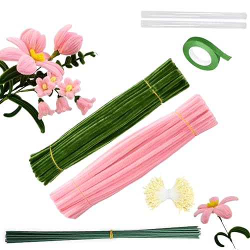 Barlone 200 Stück Lilie Pfeifenreiniger Blumen, DIY Pipe Cleaner, 2 Farben Pfeifenputzer Zum Basteln, mit 13 Stück Grün Basteldraht, Klebeband, Pfeifenreiniger Blumen Staubblatt, Klebestifte