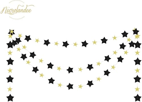 Miniatura 6 de NICROLANDEE Decoraciones de fiesta de oro negro – 28 pompones de papel de seda negro dorado para colgar faroles de papel colgantes con borlas para