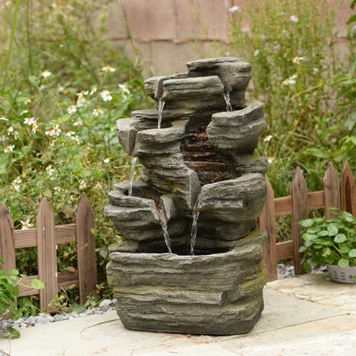 Bumilgar 62CM Rock Cascading Water Feature Outdoor&Indoor, 6-Tier Naturefalls Garden Features, Floor-Standing Waterfall With Lights For Patio, Backyard, Deck, Porch, Home Decor, Stone Gray
