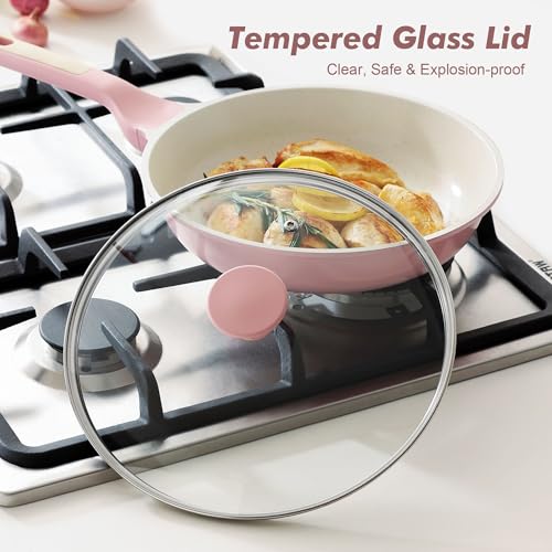 Image of SENSARTE Nonstick Ceramic Frying Pan with Lid 9.5 Inch Omelet Pan Skillet, Free of Intentionally Added PFAS /PTFE Non-toxic Chef's Pan Induction Compatible Pan, Heat Resistant Handle, Sakura Pink