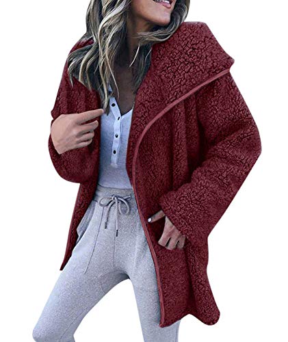 Womens Oversized Hooded Cardigan Sherpa Jacket Fuzzy Fleece Teddy Coat Outwear with Pockets (Wine Red, 3XL)