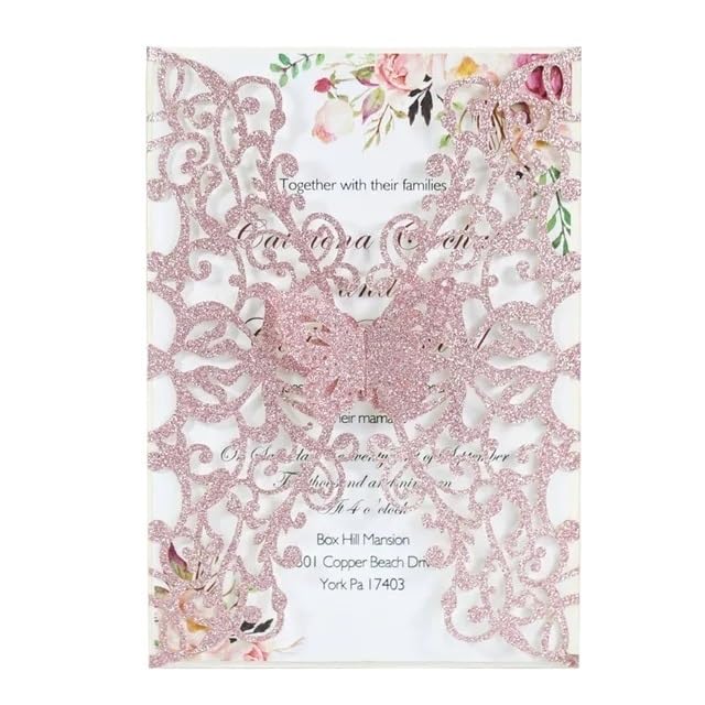 Invitaciones Boda 10/20/50 piezas de tarjetas de invitación de boda con diseño de mariposas, tarjetas de invitación con purpurina for fiesta de cumpleaños, tarjetas de felicitación(Rose Pink,10pcs)