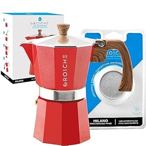 GROSCHE Milano Stovetop Espresso Maker Moka pot 6 espresso Cup 93 oz Red and 3 Replacement Seals Gaskets Bundle Stove top coffee maker Moka Italian espresso coffee maker and replacement gaskets
