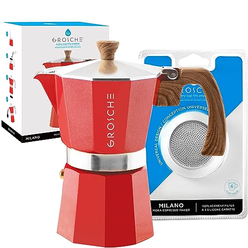 GROSCHE Milano Stovetop Espresso Maker Moka pot 6 espresso Cup 93 oz Red and 3 Replacement Seals Gaskets Bundle Stove top coffee maker Moka Italian espresso coffee maker and replacement gaskets