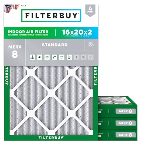 Filterbuy 16x20x2 Air Filter MERV 8 Essential Dust & Allergy Defense (4-Pack) Electrostatic Pleated HVAC AC Furnace Filters Replacement Made in USA (Actual Size: 15.50 x 19.50 x 1.75)