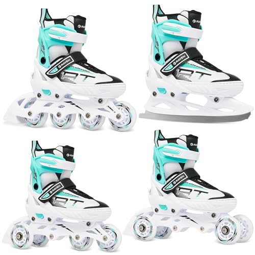 RAVEN Profession 4in1 Inlineskates Triskates Rollschuhe Schlittschuhe Inliner für Kinder und Erwachsene verstellbar (White/Mint, 28-32 (18,5cm-21cm))