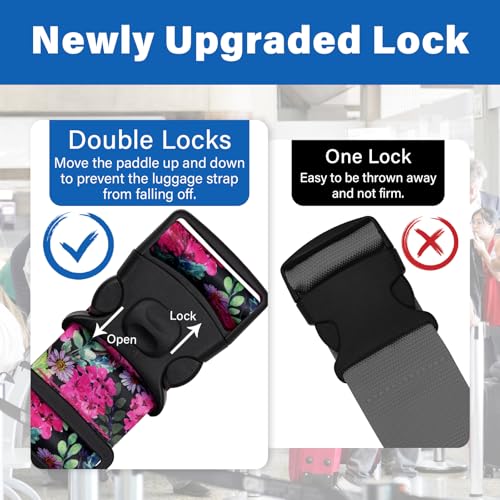 Image of 2 Pack Luggage Straps for Suitcases, Adjustable Travel Belt with Double Lock and Quick Release Buckle, Heavy Duty Nylon Bag Packing Strap, Bright Identifiers Business Travel Accessories-Pink Flowers
