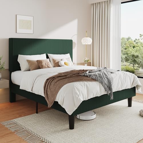 Image of Allewie Full Bed Frame, Corduroy Tufted Headboard, Dark Green