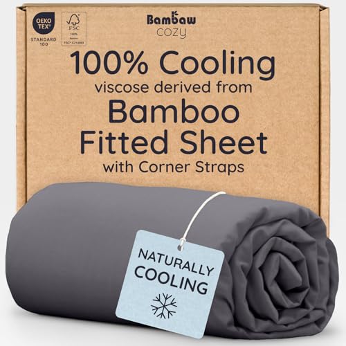 Bambaw 100% Viscose Derived from Bamboo Queen Size Fitted Sheet Cooling Deep Pocket Corner Straps Charcoal