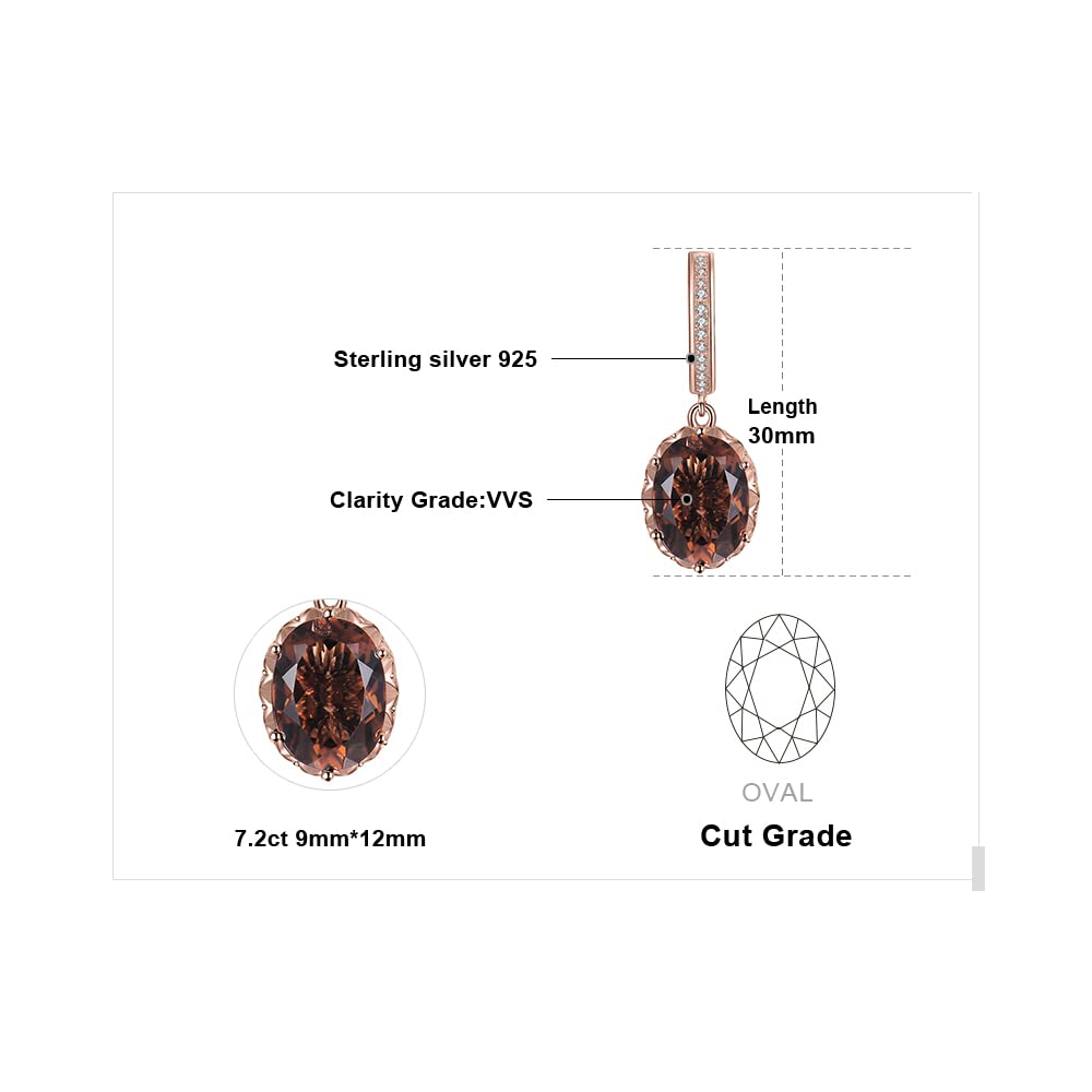 JewelryPalace Owalne 7.2ct Prawdziwy brązowy kwarc dymny Kolczyki Srebro 925 Kobiety, Kolczyki Srebrne kamienie szlachetne Dziewczyny, Prezenty Różowe złoto Złoto