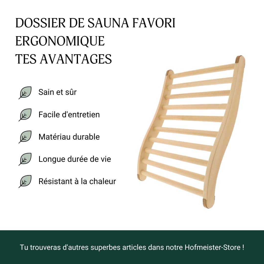 2X HOFMEISTER® Dossier Sauna 51 cm, Bois de Tilleul pour Hautes Températures, Ergonomique, Bouchons Liège Antidérapants, Fabrication Manuelle UE, Appui-Dos & Tête Relaxation