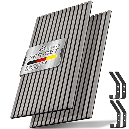 TRESKO® 2 Stück Akustikpaneele Holz 120×60x2,1 cm inkl. 4x Kleiderhaken | Wandverkleidung Eiche Grau als 3D Lamellenwand | Holzpaneele Paneele für Schallschutz | Akustik Wandpaneele mit Montageset