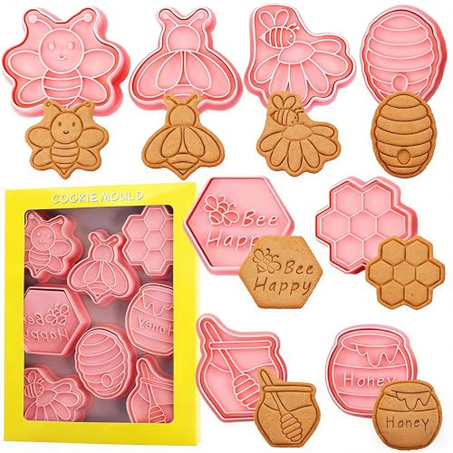 Moldes de galletas con temática de festival de abejas, 8 sellos de plástico para galletas, diseño de festival de abejas, juego de hornear para niños