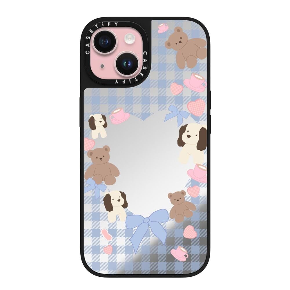 CASETiFY | Custodia Mirror per iPhone 15 [Riflettente / Protezione anticaduta da 1,5 m / Compatibile con Magsafe] - Puppy Pudding - Argento su Nero