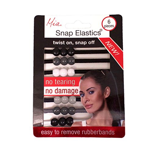 Mia Snap Elastics, Hair Ties that Twist On + Snap Off, Less Damaging Rubber Bands for Women, Teens, Girls, Wet Hair - Black, Gray, White 6pcs