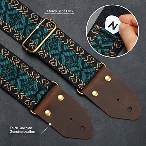 Image of Nefelibata Guitar Strap,Jacquard Embroidery Cotton Guitar Straps with Crazy Horse Leather Leather Ends for Bass, Electric & Acoustic, Best Gifts for Kids, Guitarists(Embroidery green)