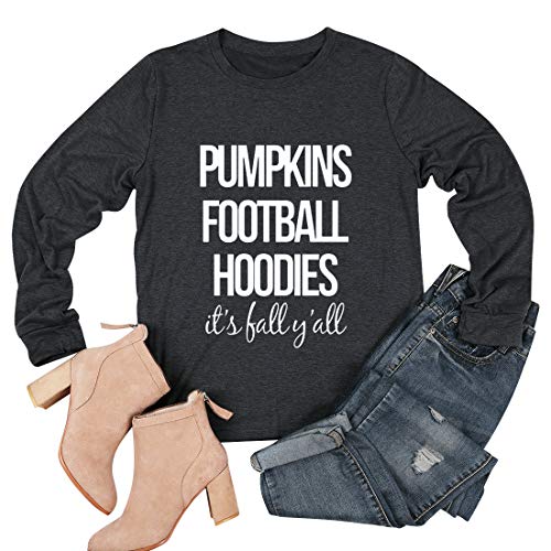 Women Football T-Shirt Pumpkins Football Hoodies It's Fall Y'all Shirts Long Sleeve Baseball Tee Tops Black