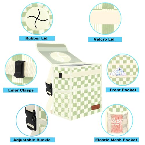 Image of Femuar Leak Proof Car Trash Can with Lid, Collapsible Hanging Waterproof Car Trash Bag with Mesh Pocket for SUV Front Seat Headrest, Large /Beige Light Green Plaid