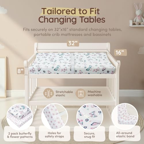 Image of Baby Diaper Changing Pad Covers Table Sheets 32 inchx16 inch, 8 inchDeep Pocket - Floral Changing Pad Cover, 100% Cotton Baby Girl Butterfly Nursery Change Pads Sheets 2 Pack, Designed in France, White-Light Pink