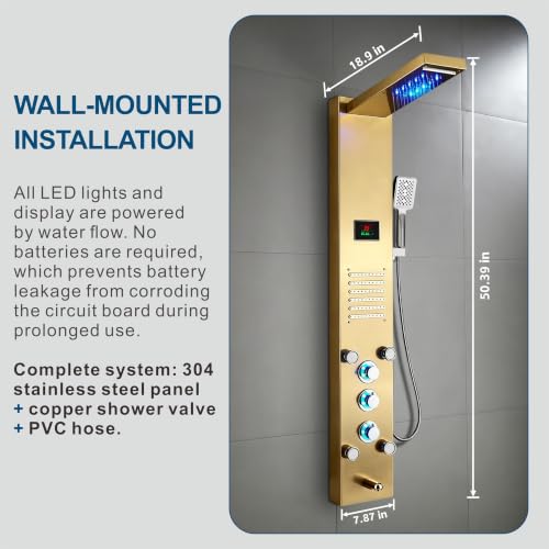 Image of ELLO&ALLO LED Stainless Steel Bathroom Shower Panel Tower System, Rainfall Waterfall Shower Head Rain Massage System with Body Jets, Brushed Gold