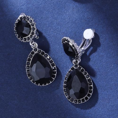 Elegant Crystal Teardrop Dangle Drop Clip on Earrings for Women (Black) - image 3