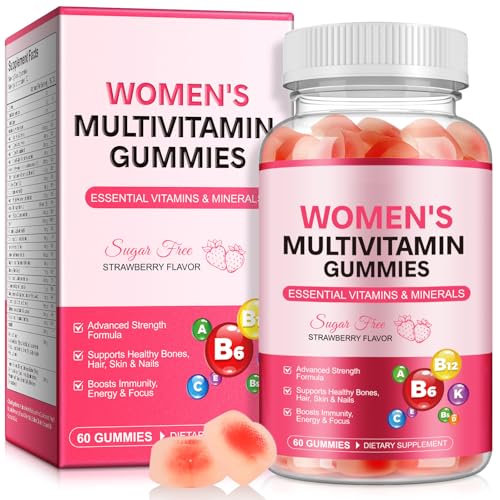 Gominolas Multivitaminas Mujer 60 Unidades - Sin Azúcar + Biotina/Hierro/Zinc - Vegano para Piel, Energía e Inmunidad - Sabor Fresa Natural