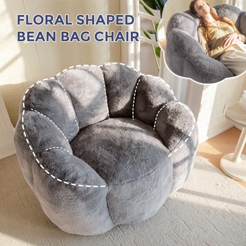 Image of MAXYOYO Bean Bag Chair for Adults, Floral Shaped Bean Bag Sofa, Ultra Soft Faux Fur Floor Sofa, Large Reading Chair for Living Room Bedroom, Dark Grey, Single