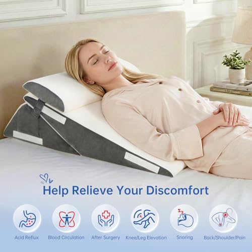 Image of Vekkia Adjustable Wedge Pillow Set for After Surgery - 2PCS Extra-Wide Bed Wedge Pillow for Adults, Washable Cover, Fit for Acid Reflux, Back Pain, Sleeping, Snoring, White /Gray