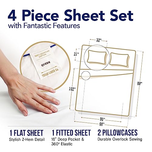 Image of TEXAS LINEN CO. 100% Egyptian Cotton Sheets Queen Size - Luxury 1000 Series Lonestar Lovin' Collection Bed Sheets Queen Size Set (4 PC, White), Cooling, 16 inch Deep Pocket, Sateen Weave Hotel Sheets