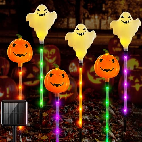 Decorazione per Halloween, per esterni, 6 pezzi, zucca, fantasmi, lampade solari per esterni, lanterna per esterni, feste, lapidi, casa, prato, veranda, balcone, impermeabile, catena luminosa (A)
