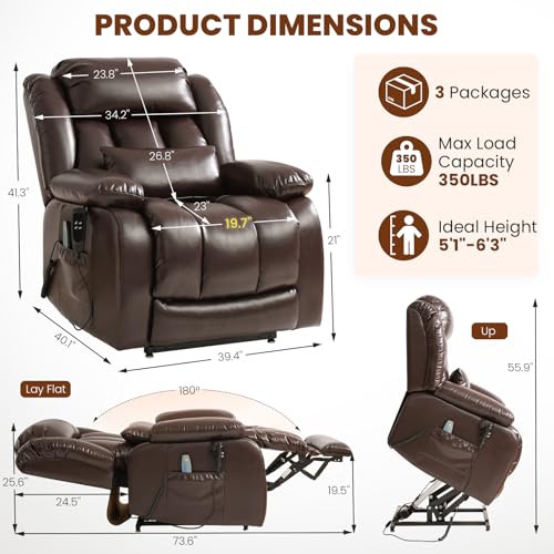 Image of Dual Motor Power Lift Recliner Chair, PU Leather Lay Flat Lift Chair for Elderly with Massage & Lumbar Heating, Extended Footrest, USB Charging, Remote Control, Removable Lumbar Pillow, Brown