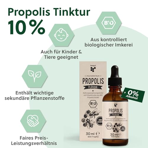 beegut BIO Propolis Tropfen ohne Alkohol 30 ml – Alkoholfreie Propolis Tinktur mit Pipette – Reiner Bienenharz Extrakt in Bio-Qualität – Sanft & natürlich für Kinder und Erwachsene.