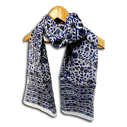 Large Cotton Scarfs for Women Lightweight Soft Sheer Neck Scarf, Head Scarf, Block Print Summer Floral Scarf, Bandanas for Women, Handmade Blue Gray Fashion Scarf Shawl Stole and Wraps 15x72 inches