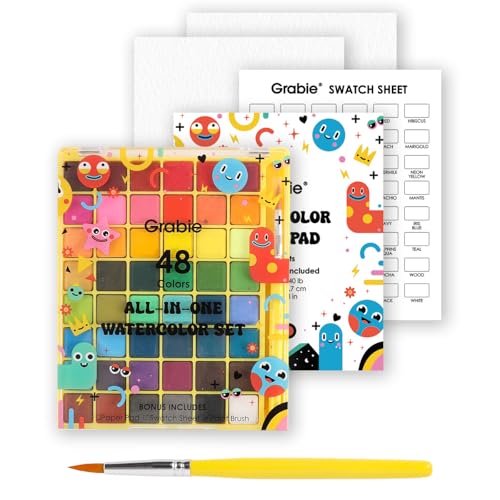 Grabie Mini Watercolor Paint Set All-In-One 48 Colors Travel Watercolor Set with Paint Brush Paper Pad & Swatch Sheet Portable Vibrant Watercolor Kit for Beginners Kids Artists & Gifting