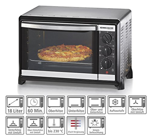 Foto von ROMMELSBACHER Kleinbackofen BG 1055/E - 18 Liter Backraum, 7 Heizarten inkl. Umluft, Temperaturen von 80-230 °C, Doppelverglasung, Innenbeleuchtung, Zeitschaltuhr, 1050 W, Edelstahl