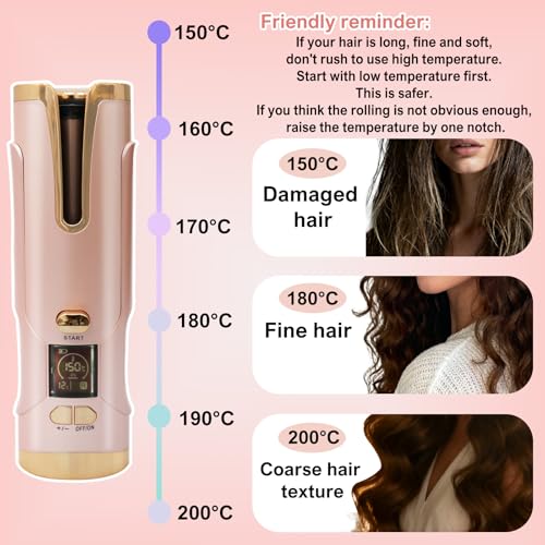 Rizador de pelo automático, rizador inalámbrico tipo C recargable de 20 mm para mujer (pelo corto/largo), batería de alta capacidad 5200 mAh, 6 niveles de temperatura (150-200 °C) - imagen 6