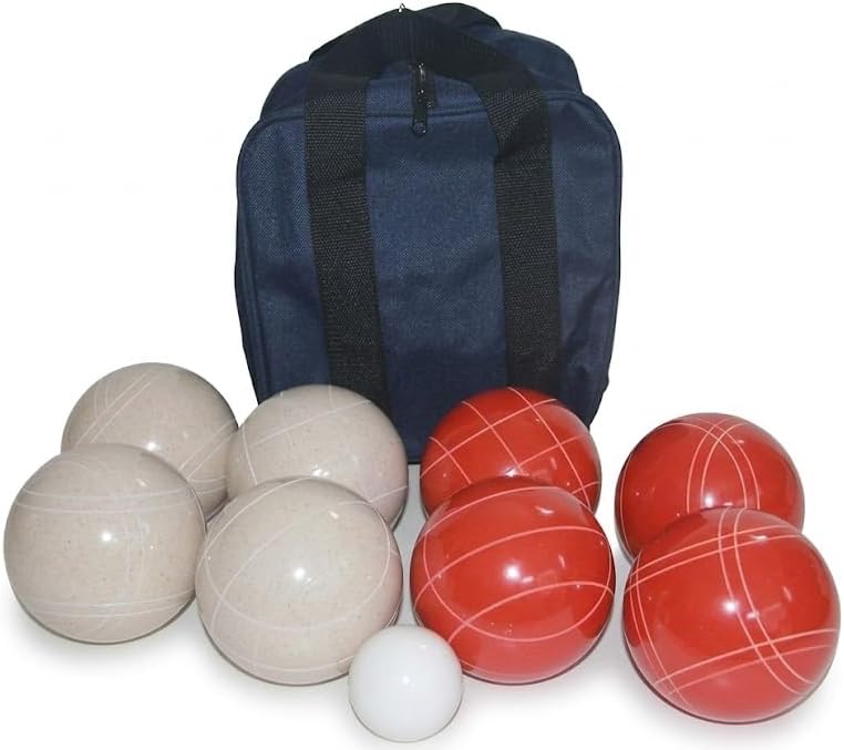 BuyBocceBalls Listing - Made in USA, Premium Quality Tournament Bocce Set - 110mm White and red Balls, Nylon Blue Bag, 998 Grams (2 lbs. 3.2 oz.). Various Bag Colors